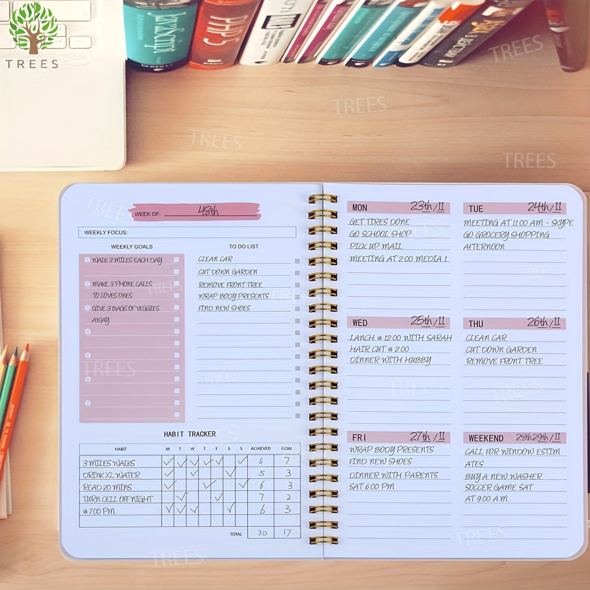 1pc Trees Spiral Undated A5 Daily Weekly Notebook Planner Agenda, Stationery Office School Supplies, Record Daily Plans To Achieve Future Goals, 21.08*13.97 Cm, 52 Sheets