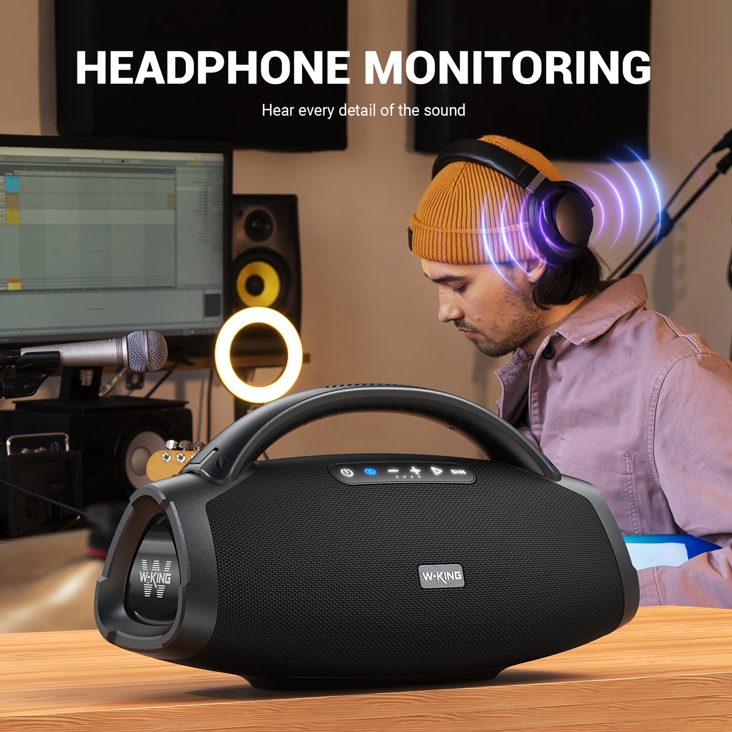 W-KING D20 300W Peak 200W RMS Portable Large Wireless Speaker with 2 Wireless Microphones, APP Control, 5-Driver, 3-Way System, 2.1CH Bass Boost Party Wireless Speaker, Fast Charging, USB/TF/AUX/Guitar/Mic-In for Outdoor, Tra