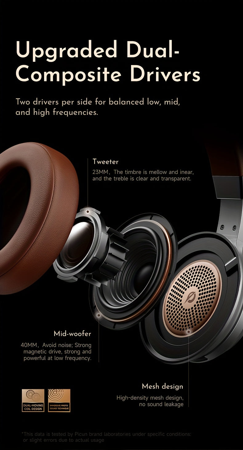 Picun Wireless Over-Ear Headphones, HiFi Stereo, Deep Bass, Foldable Design, 30-Hour Battery, Built-in Mic. Lightweight Brown Leatherette Finish, Perfect for Gaming, PC, and On-the-Go Use.