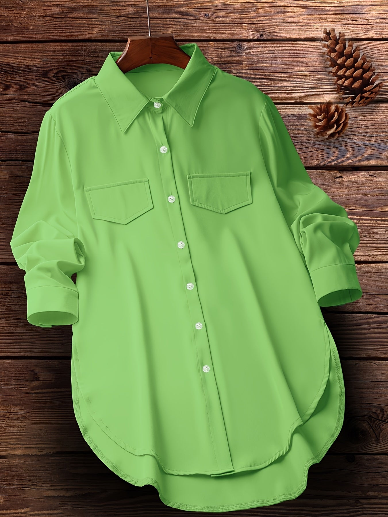 Plus Size Curved Hem Blouse, Casual Button Front Collared Blouse For Spring, Women's Plus Size Clothing