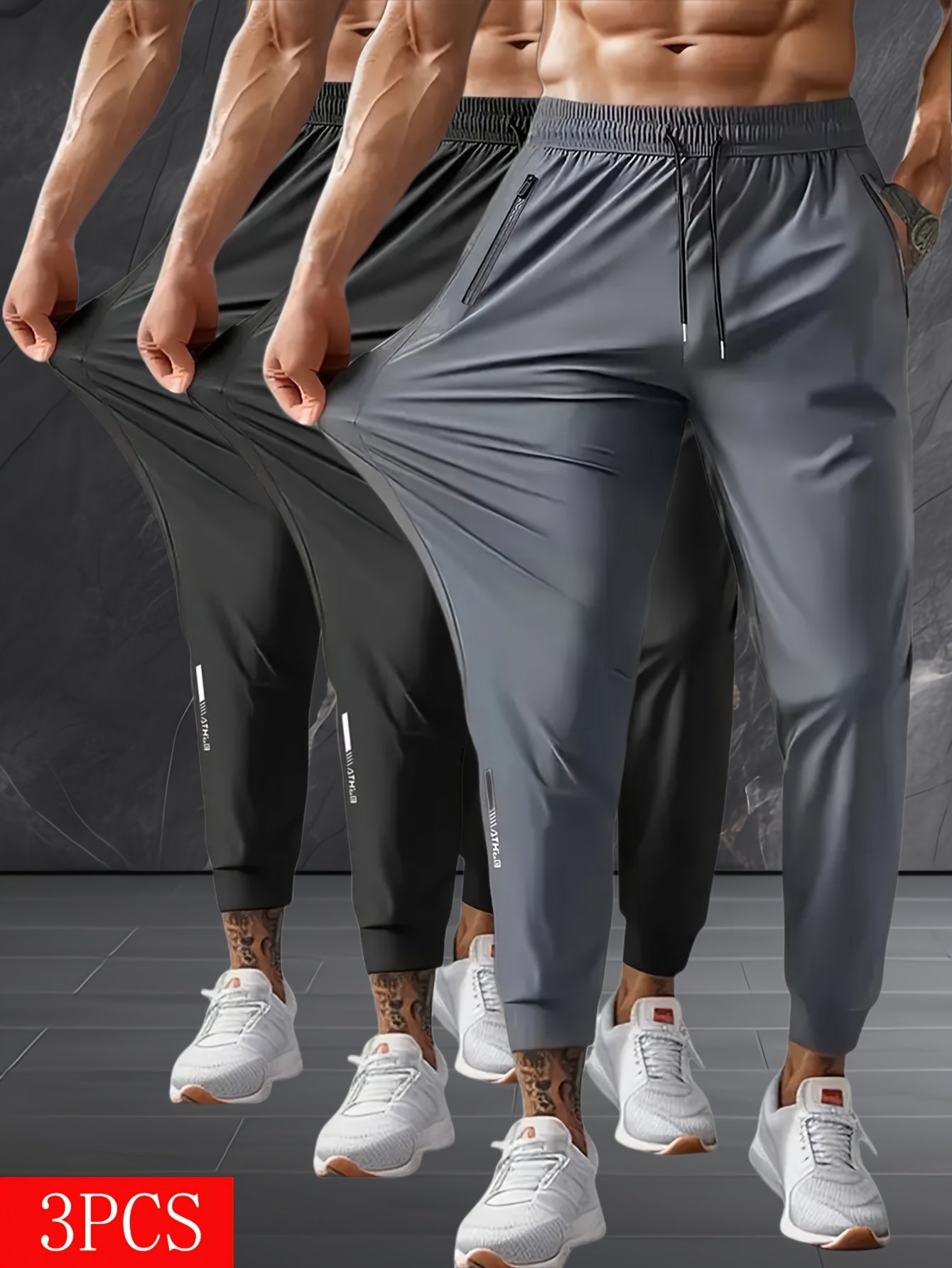3-Pack Men's Elastic Drawstring Sweatpants - Casual Joggers with Zipper Pockets, Suitable for Gym, Basketball, Camping, Fishing, Beach Running