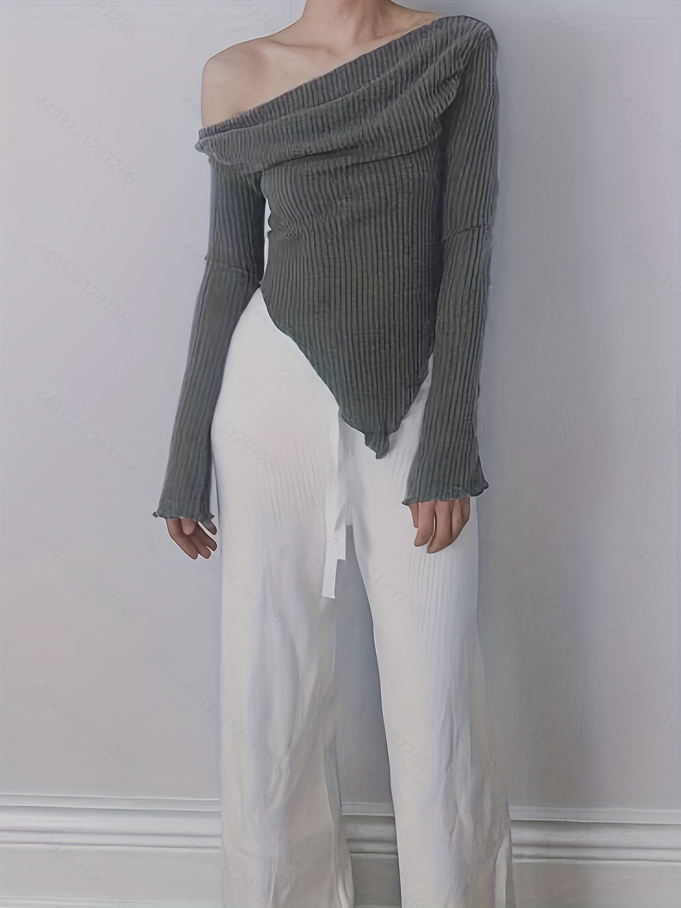Solid Ruched Asymmetrical Neck T-Shirt, Casual Hanky Hem Long Sleeve Top For Spring & Fall, Women's Clothing