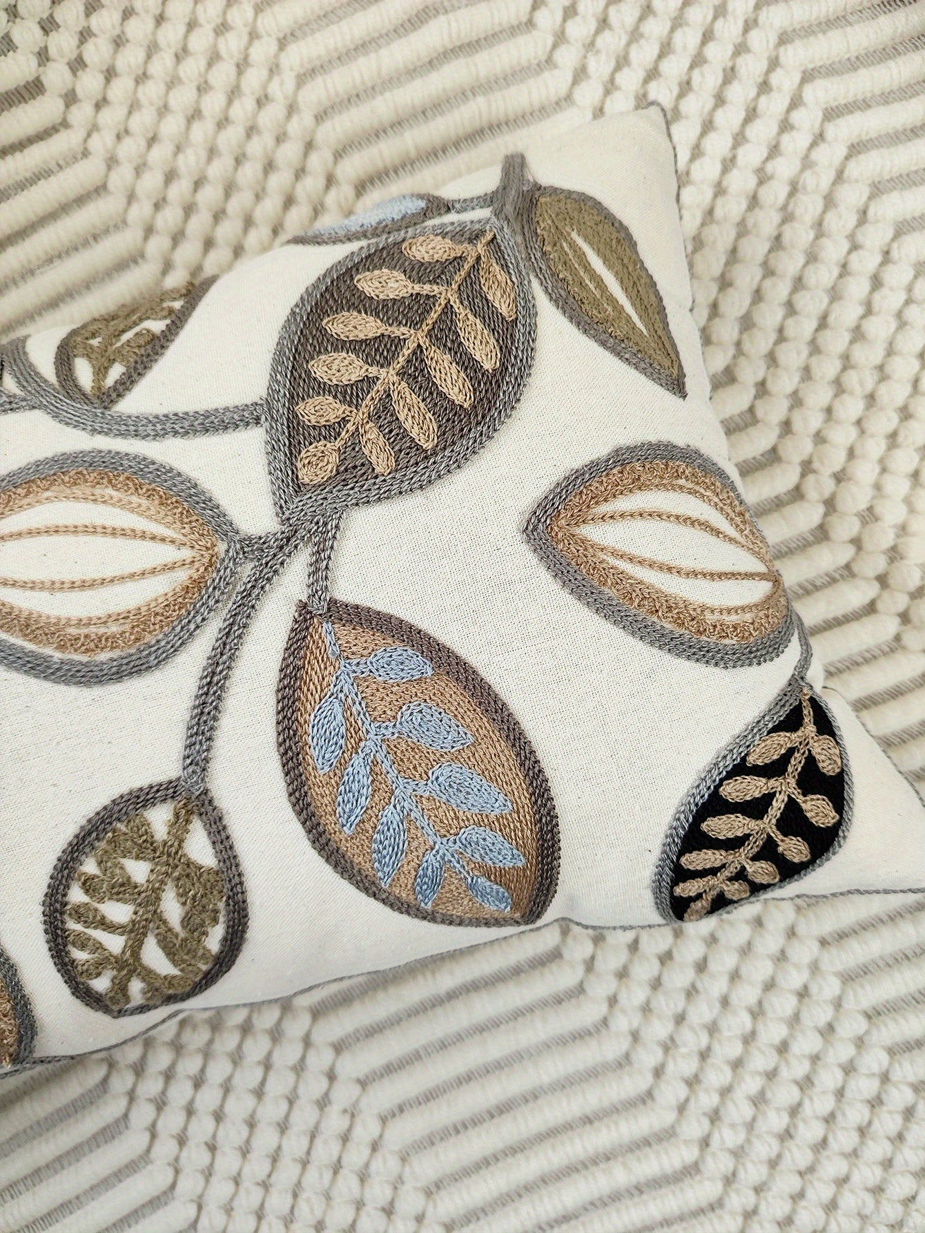 1pc Leaf Embroidered Decorative Throw Pillow Case, Canvas Cushion Cover For Living Room, Home Decor
