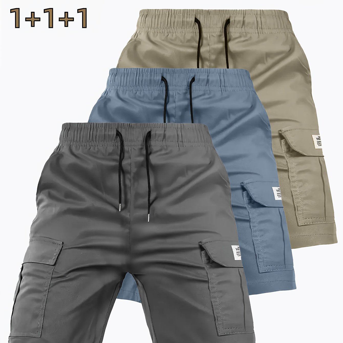 3pcs Men'S Heavy-Duty Work Shorts - Non-Stretch Fabric Cargo Pants with Multiple Utility Pockets, Drawstring Waist - Available in Navy/Gray/ - Ideal for Construction, Outdoor, Everyday Casual Wear - Plus Size Friendly, Outdoo