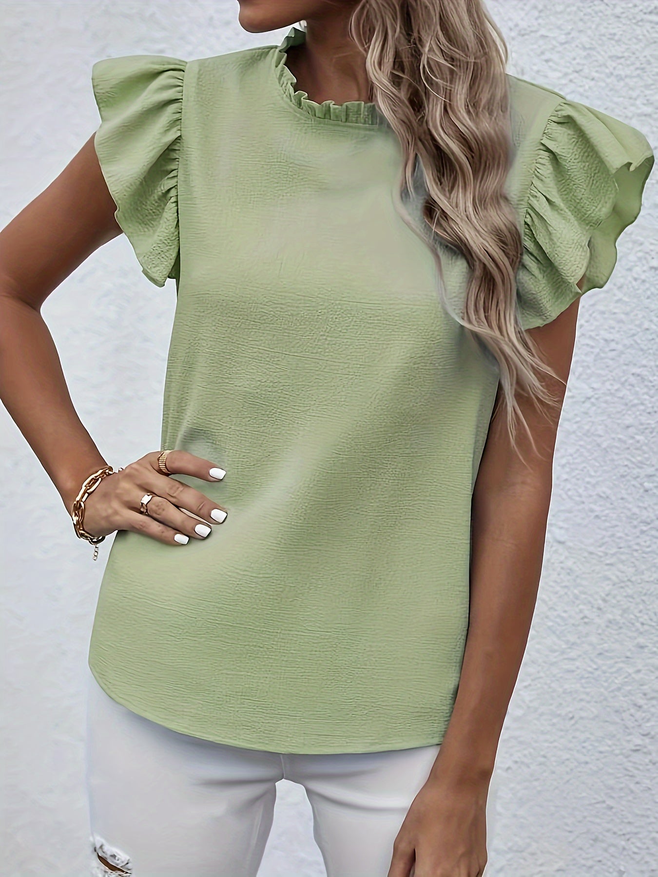 Ruffle Trim Crew Neck Blouse, Casual Solid Color Flutter Sleeve Blouse For Spring & Summer, Women's Clothing Wedding holiday vacation