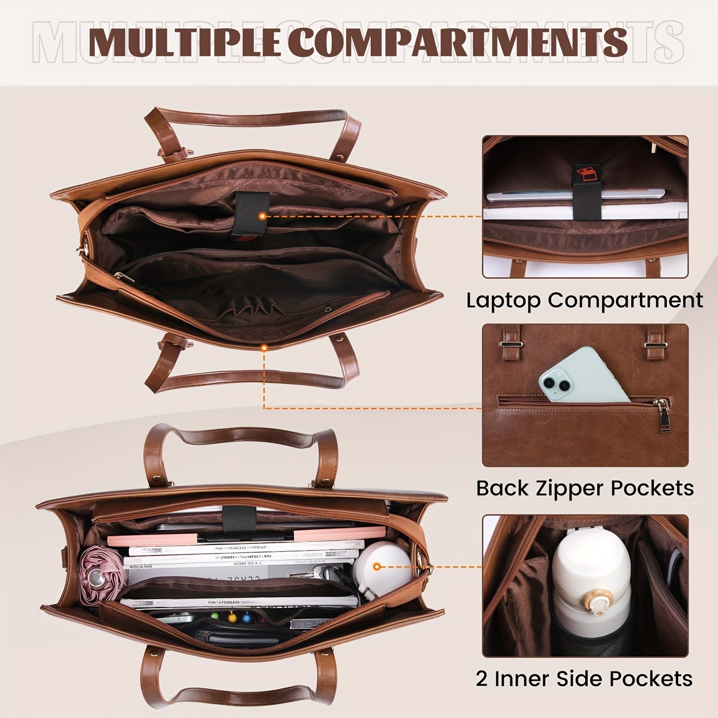 Vintage Brown Laptop Tote Bag for Women - 39.62 cm High Quality Business Office Shoulder Handbag with Multiple Compartments, Adjustable Strap & Golden-Tone Hardware, Textured Finish, Laptop Bag
