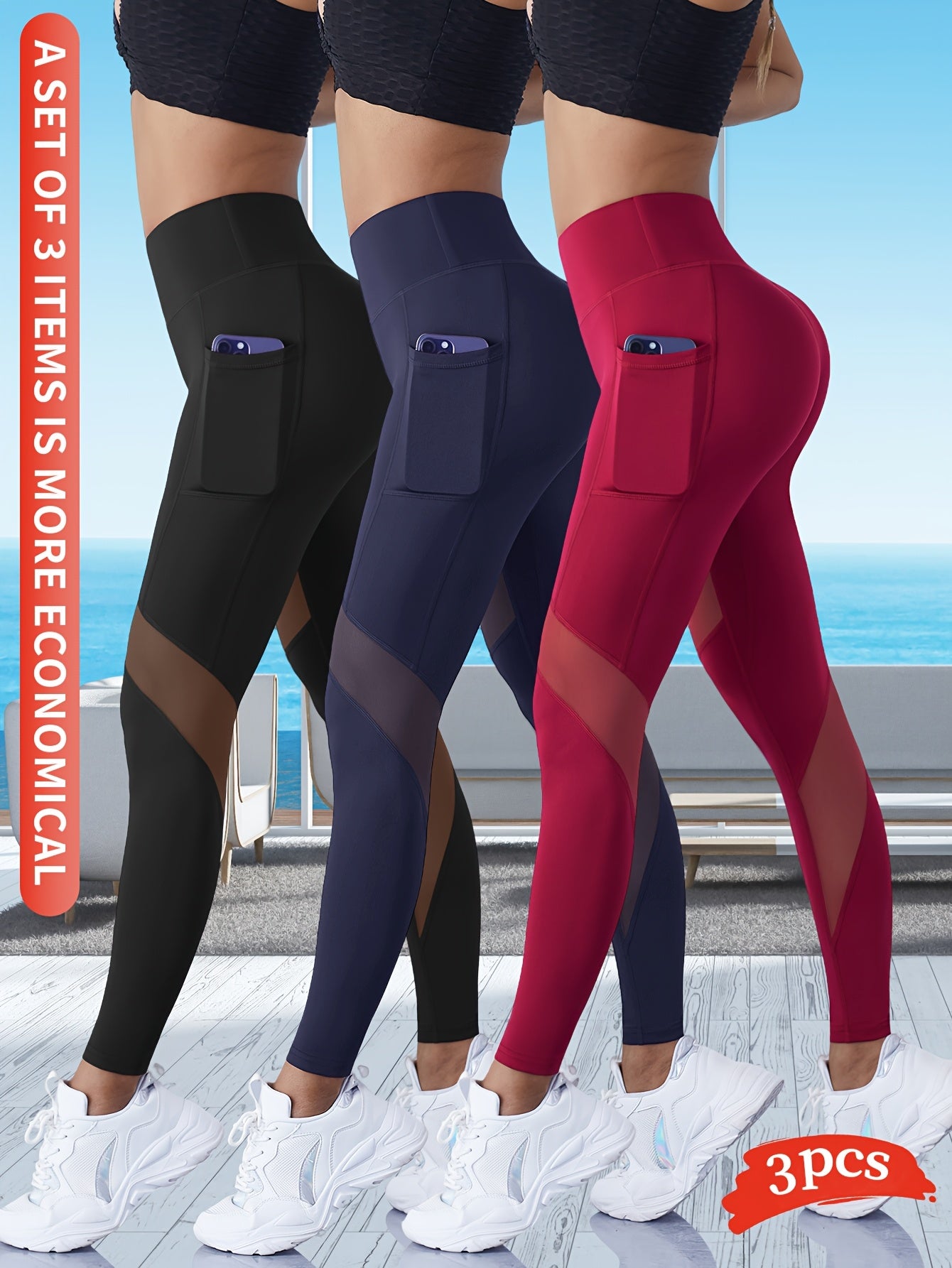 3-Pack Women'S High Waist Capri Yoga Pants, Moisture-Wicking Sports Leggings with Pockets, Breathable Polyester Knit Athletic Tights for Outdoor Fitness, Solid Color, 3/4 Length