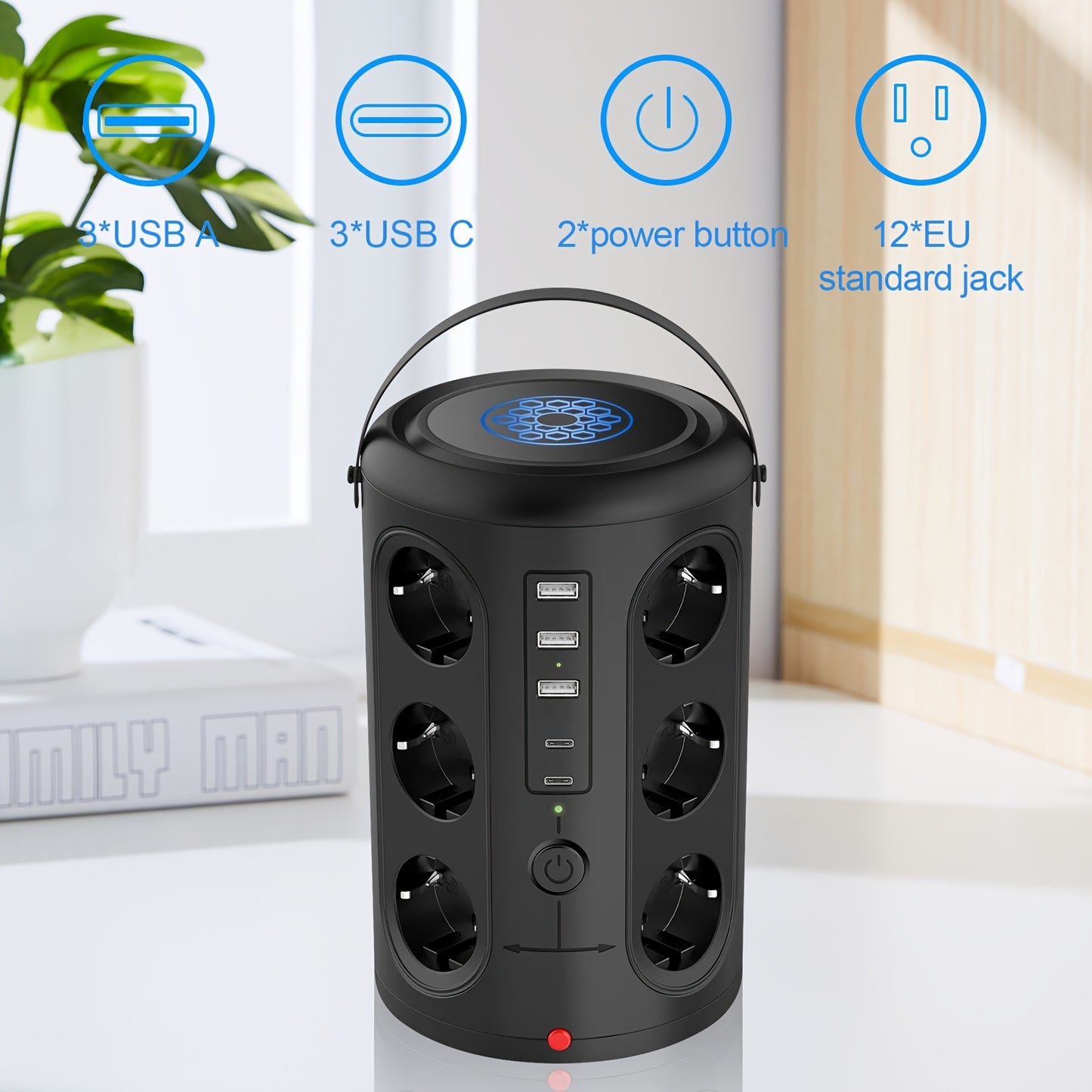 12-Slot Power Strip with 2 USB Fast Charging Ports, 2500W/10A, Voltage Protection, 2.8m Extension Cable, Desktop Tower Design & 2 Main Switches for Home/Office - EU Plug (Black)