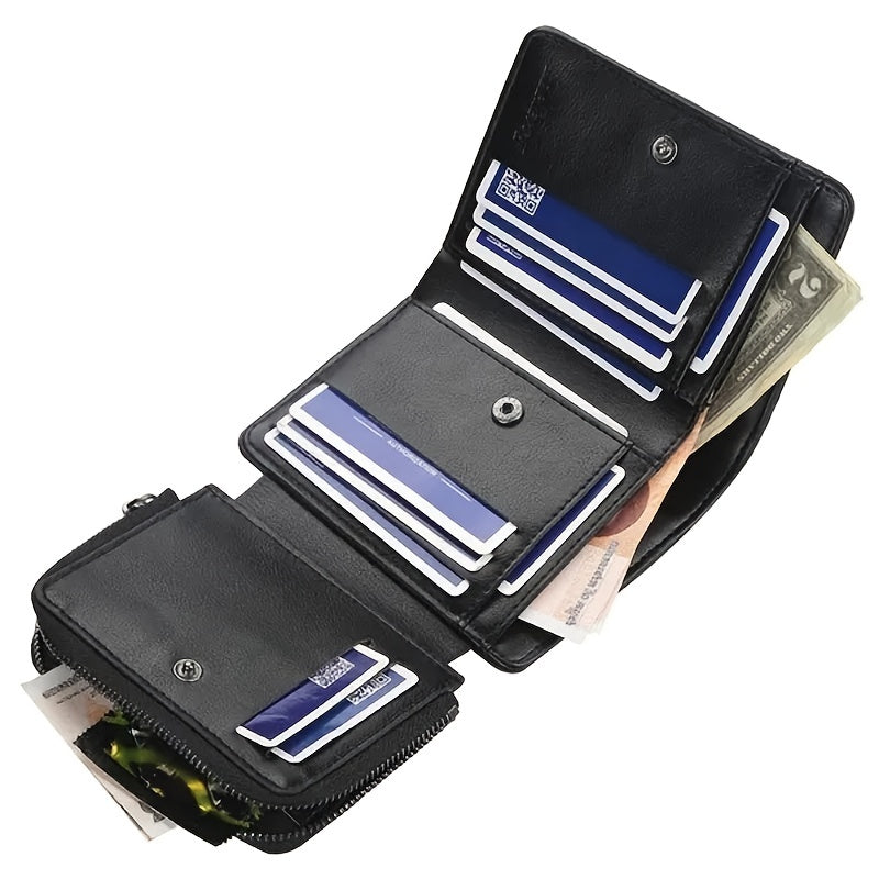 1pc Men's Short Multi-Card Slots Three-fold Zipper Coin Pocket Wallet Fashion Thin Card Bag Give Gifts To Men On Valentine's Day