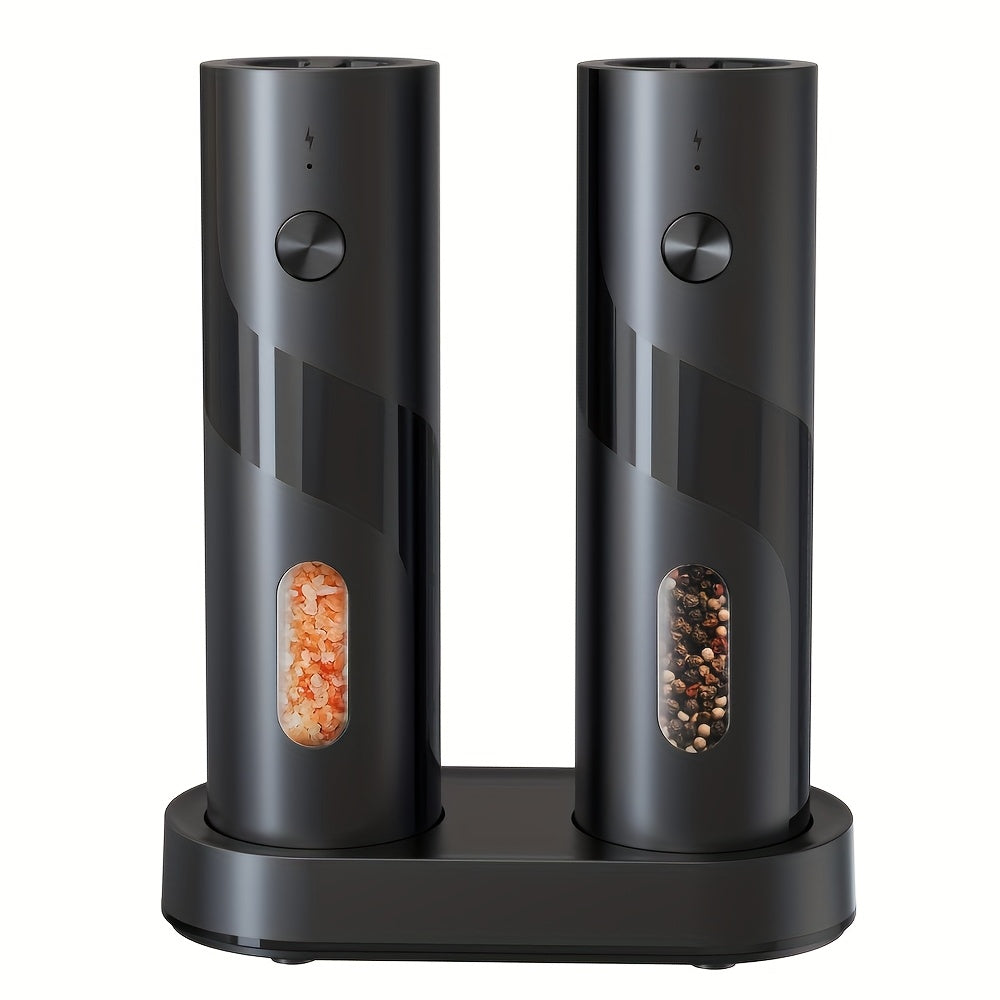 Two-piece portable electric pepper and salt grinder set, with base, USB charging, one-handed operation, adjustable coarseness, 300mAh battery capacity, interchangeable design, essential kitchen helper for cooking, perfect too