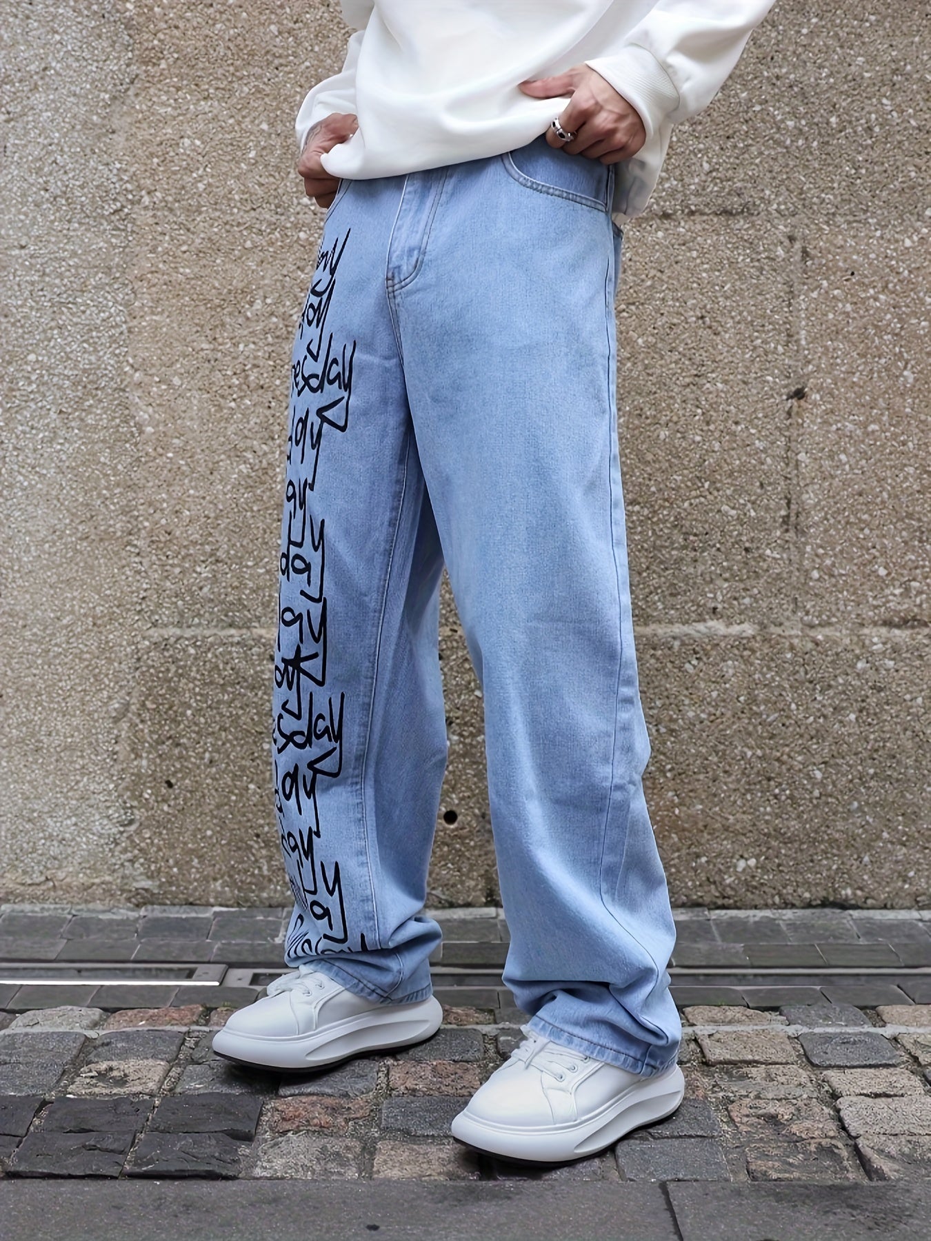 Men's Casual Letter Print Wide-Leg Jeans - Loose Fit, Rayon Blend Denim Pants for All Seasons