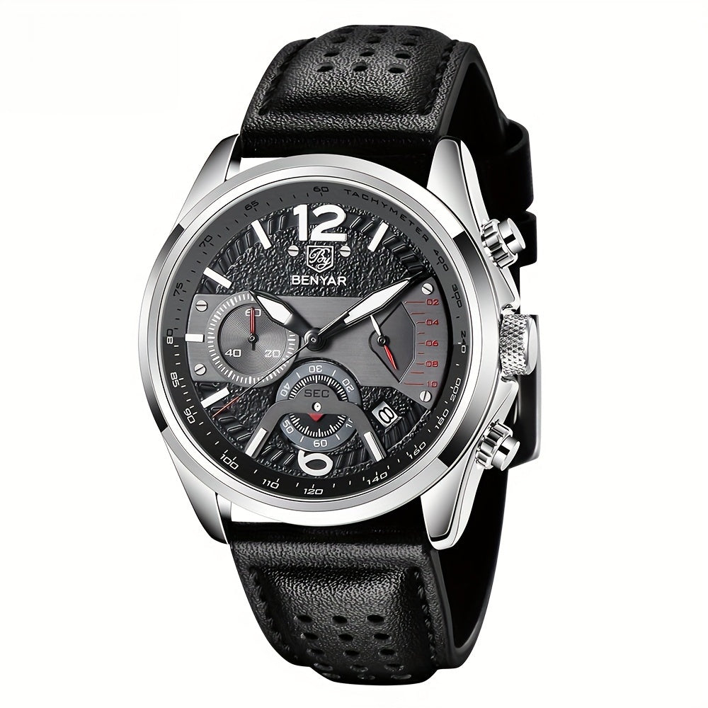 BENYAR Men's Luminous Quartz Watch - 42mm, Chronograph & Analog Display, Sporty Business Casual Design with Faux Leather Strap