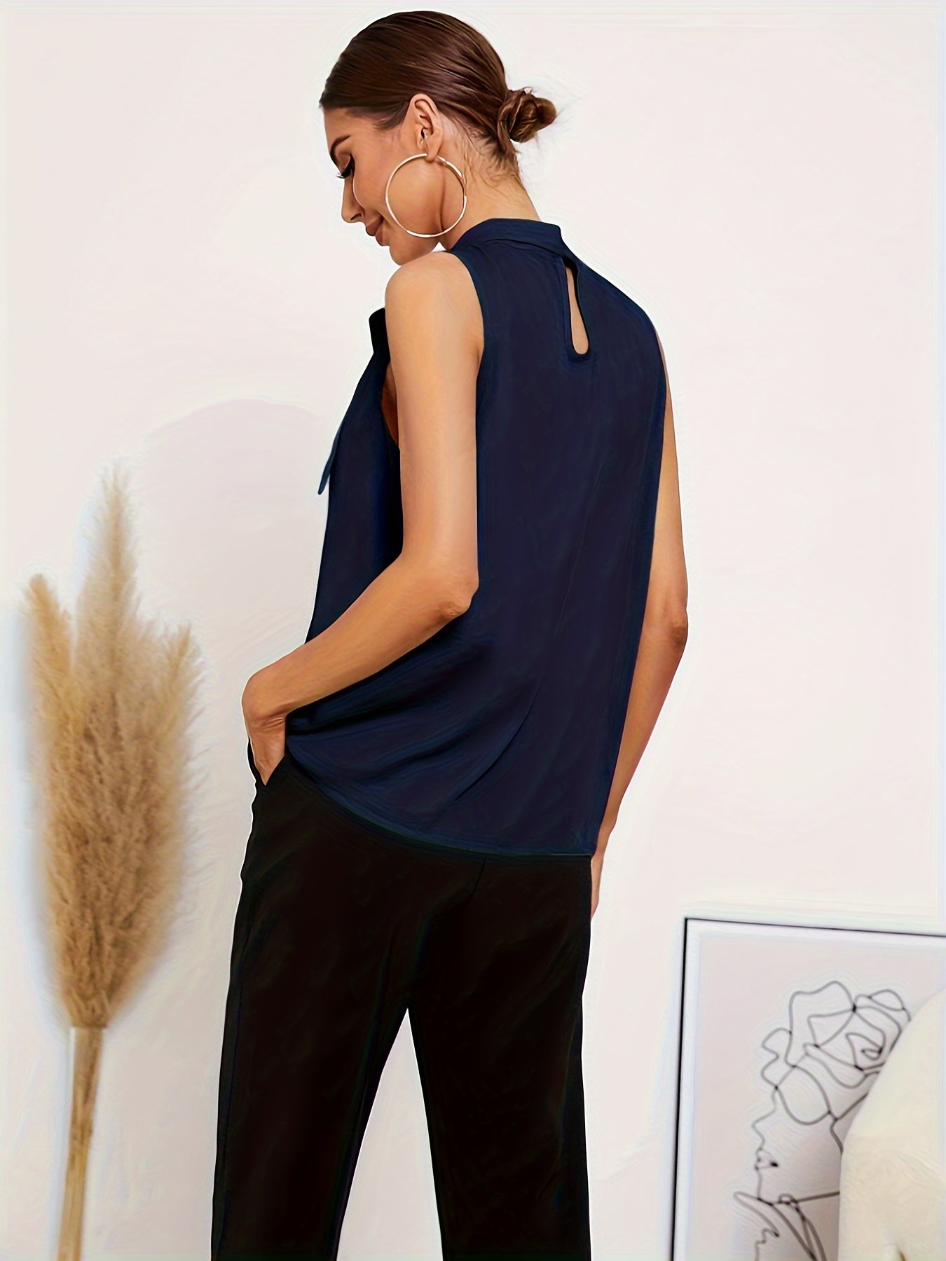 Solid Color Stand Neck Blouse, Elegant Bow Front Sleeveless Blouse For Summer, Women's Clothing