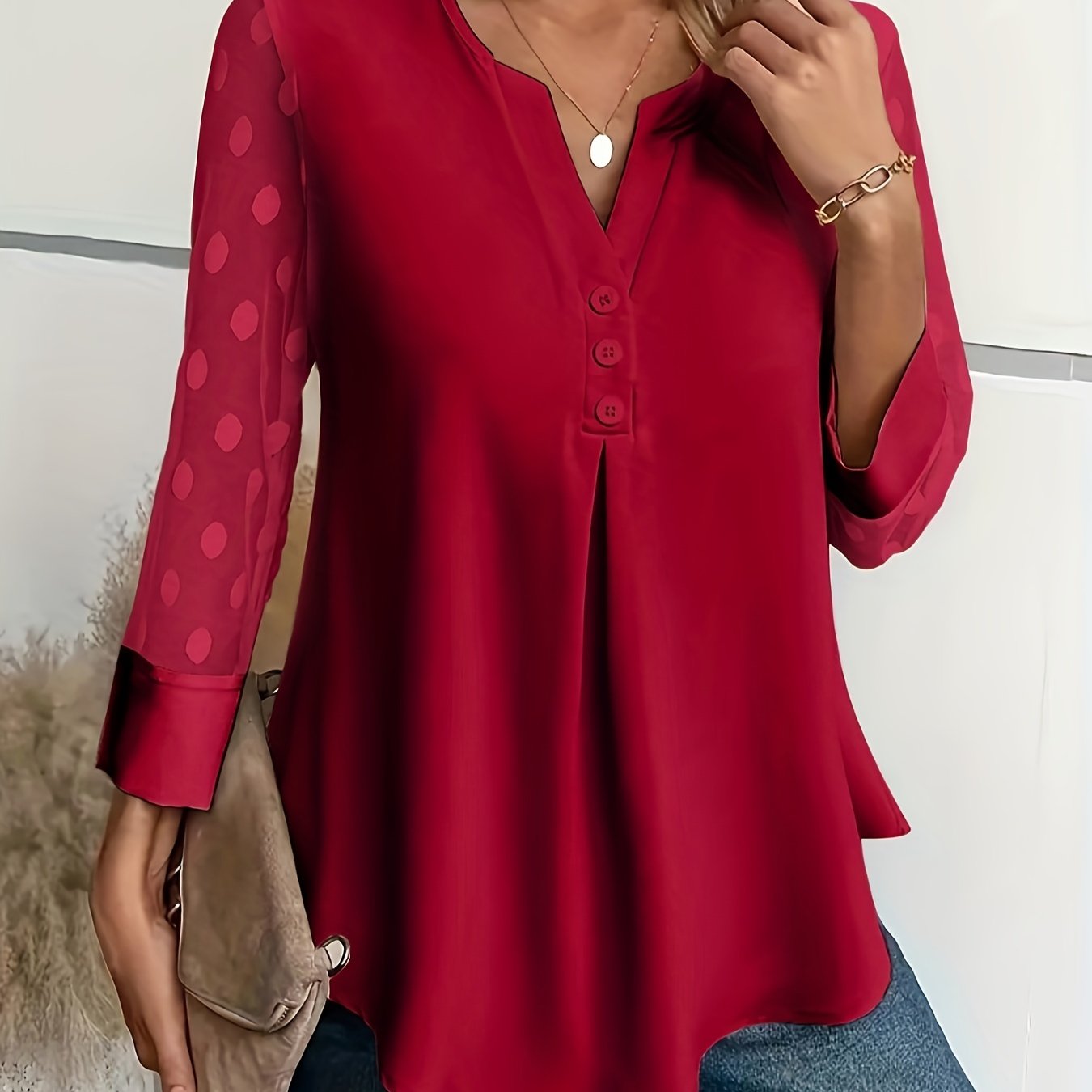 Solid Button Front Blouse, Elegant Long Sleeve Notched Neck Top, Women's Clothing