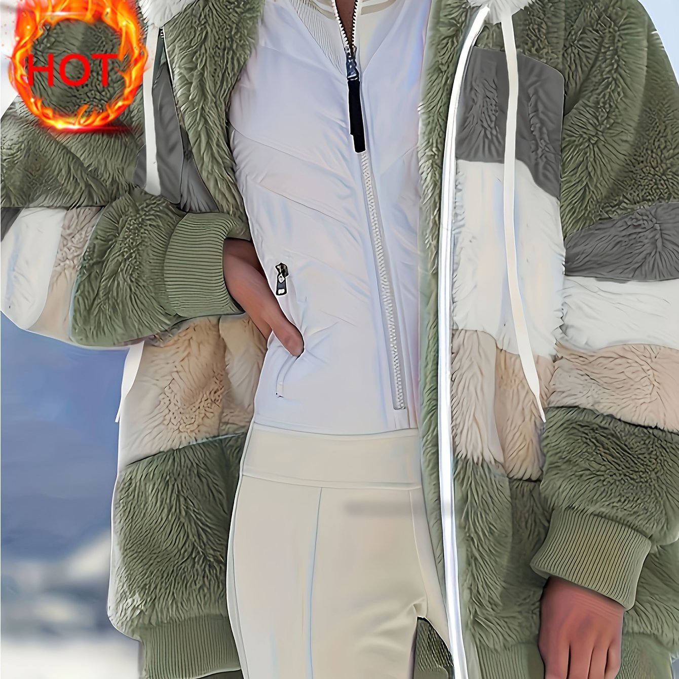 Women's Plush Faux Fur Hooded Jacket - Loose Fit Color Block Coat with Blue/Beige/White/Black Design, Long Sleeve Winter Warmth, Machine Washable for Casual & Formal Outfits, Ladies Winter Coats, Autumn Layering Piece, Formal