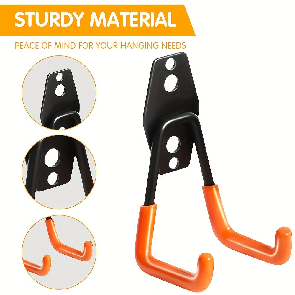 10pcs Heavy Duty Metal Garage Storage Hooks, Wall Mounted Utility Organizer for Ladders, Bikes, and Hose Management - Industrial Strength, Space Saving Design with Orange Clamps for Secure Hold