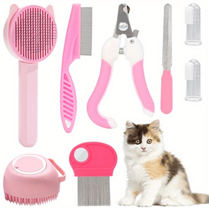Kit de Higiene Felina 5 em 1 com 8 peças, incluindo escova autolimpante, corta-unhas, pente, escova para remoção de pelos mortos e escova de dentes - Mantenha o seu felino limpo, saudável e feliz.