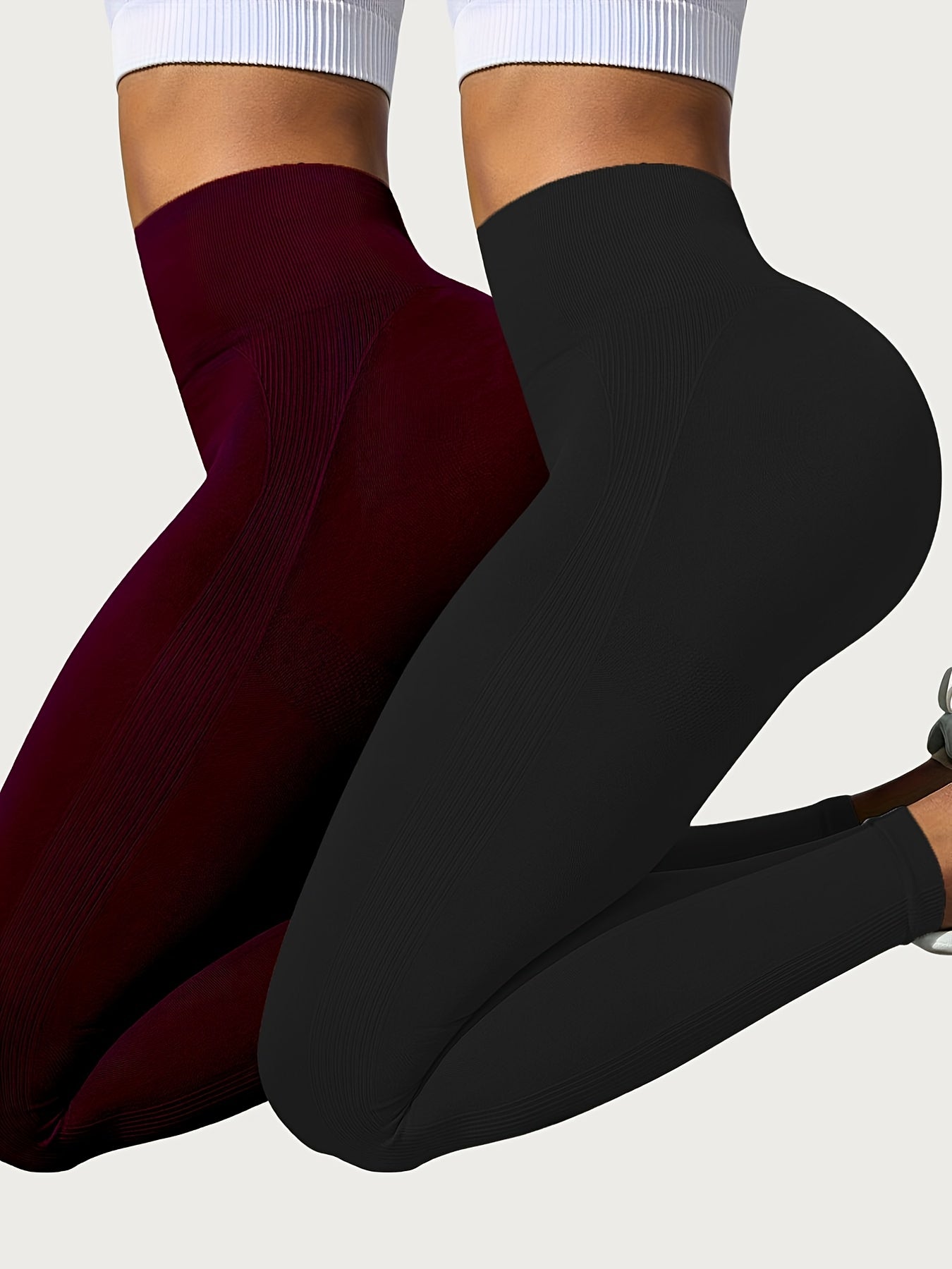 2pcs Women's High-Waisted Yoga Leggings Tummy Control Butt-Lifting Workout Pants - Solid Black & Dark Grey Full-Length Gym Pants with Vertical Striped Waistband-Like Texture, Opaque Non-Sheer Machine Washable All-Season Athle