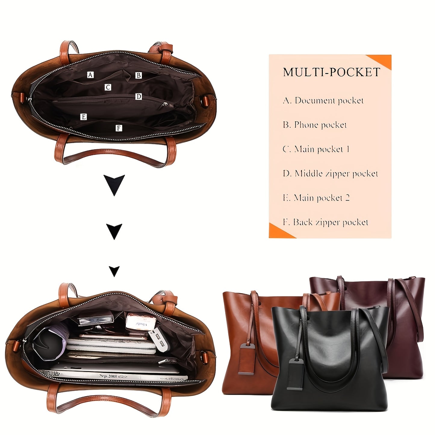 Women's Synthetic Handbag with Laptop Compartment & Detachable Strap - Golden-Tone Hardware, Zipper Closure, Spacious Work Bag for Travel, Business Meetings, Everyday Use - Available in Brown, Black, Red, Pink, Navy, Burgundy
