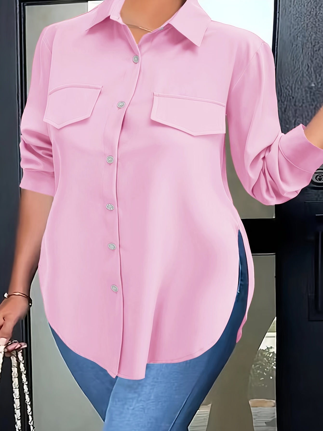 Plus Size Curved Hem Blouse, Casual Button Front Collared Blouse For Spring, Women's Plus Size Clothing