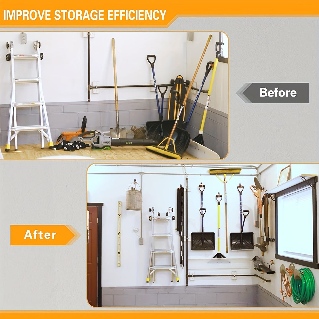 10pcs Heavy Duty Metal Garage Storage Hooks, Wall Mounted Utility Organizer for Ladders, Bikes, and Hose Management - Industrial Strength, Space Saving Design with Orange Clamps for Secure Hold