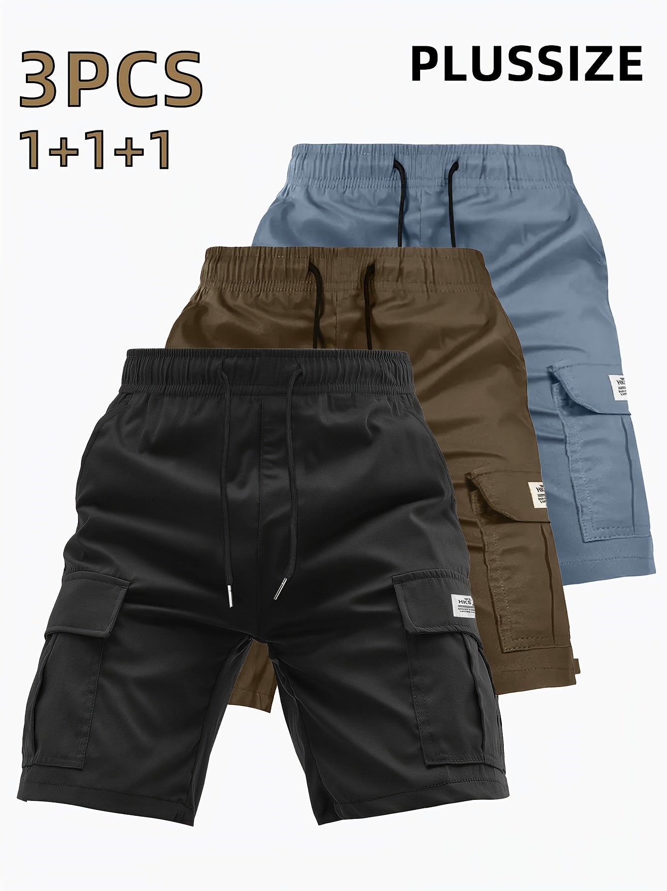 3pcs Men'S Heavy-Duty Work Shorts - Non-Stretch Fabric Cargo Pants with Multiple Utility Pockets, Drawstring Waist - Available in Navy/Gray/ - Ideal for Construction, Outdoor, Everyday Casual Wear - Plus Size Friendly, Outdoo