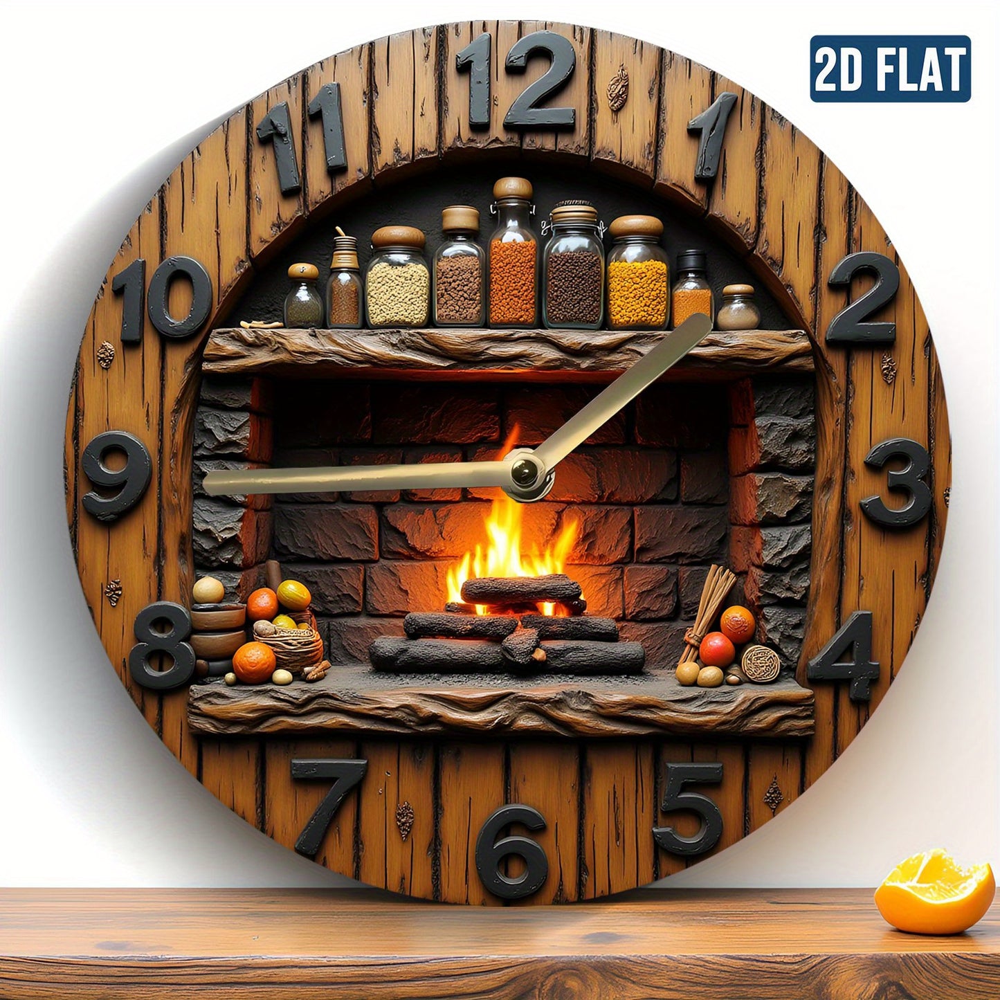 1 round acrylic wall clock - silent and tick-free, featuring a rustic fireplace design with a spice rack and flame effect, battery operated (excluding AA batteries) - home decoration, perfect for Christmas and Easter gifts, 2