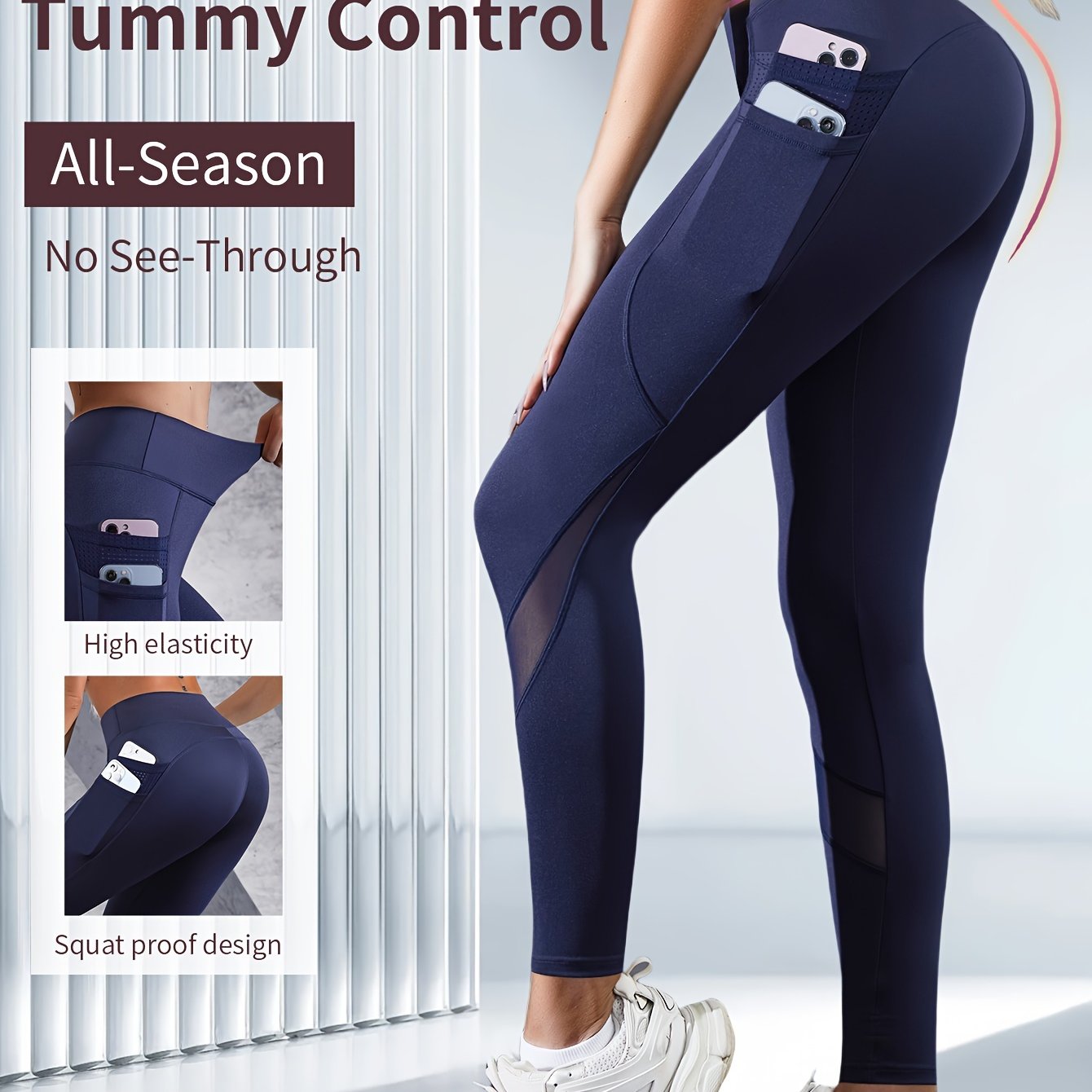 Boost Your Workout with Women's Tummy Control Sports Yoga Leggings - Phone Pocket, Mesh Contrast & Breathable Tight-Fitting Pants!