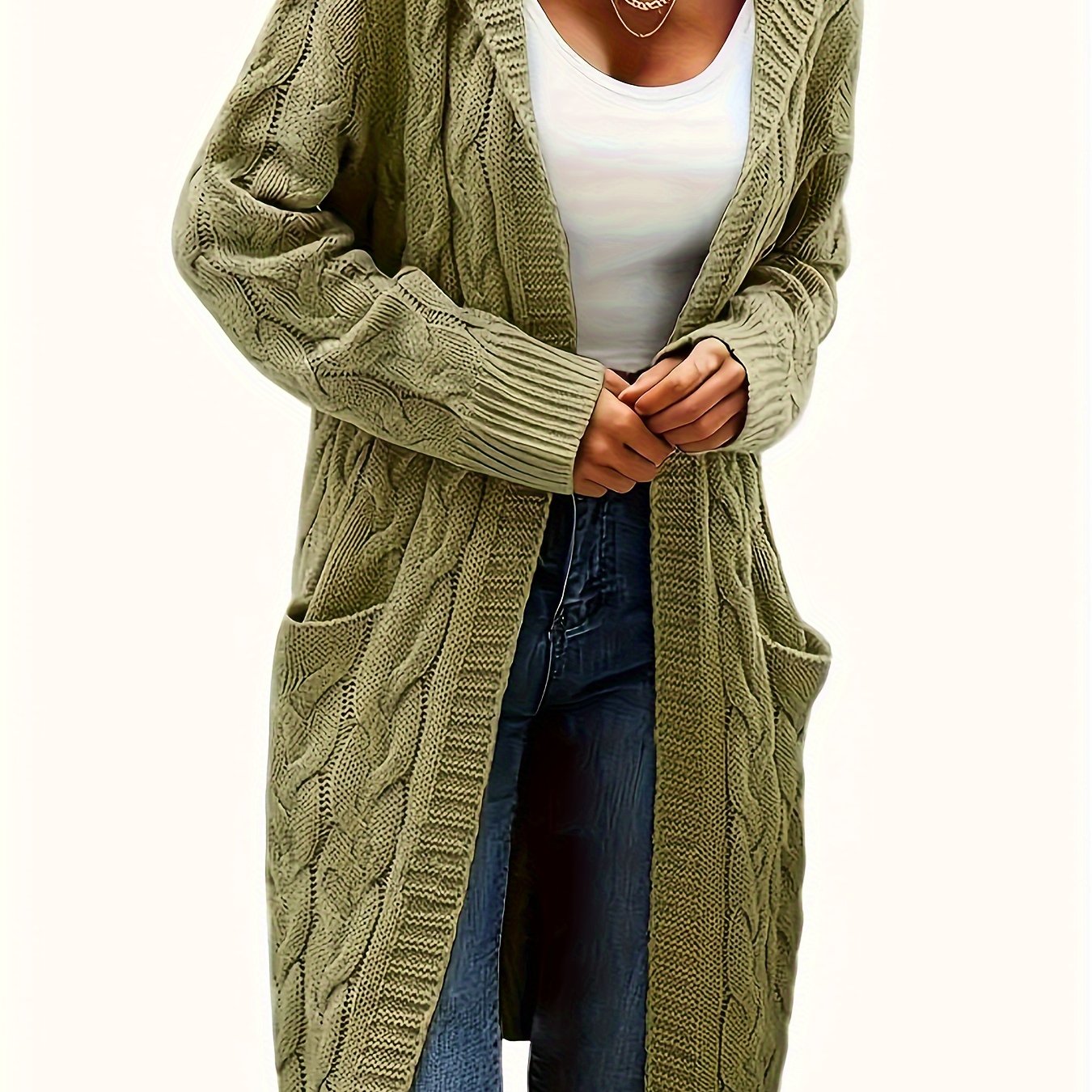 Women's Mid-Length Hooded Cardigan - Soft Stretchy Solid Color Long Sleeve Open Front Sweater with Pockets, Machine Washable Casual Elegance for Fall Winter, Everyday Comfort Wear, Stylish Hooded Design, Comfortable Fit