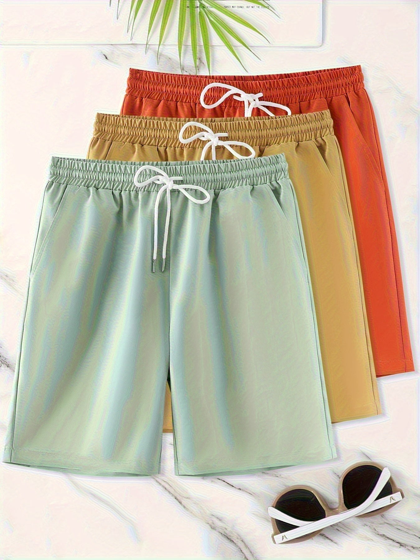 3pcs Men'S Plus Size Casual Shorts Set - White with Black Spider Web Print, Drawstring Waist, Non-Stretch Fabric, Perfect for Beach or Sports, Beach Shorts | Sporty Style | Woven Texture