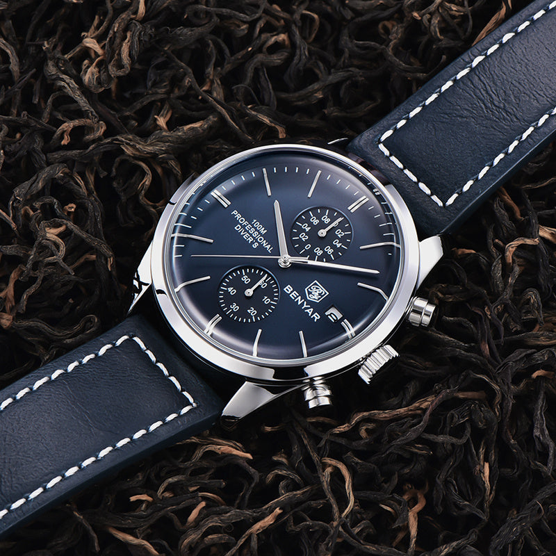 1pc New BENYAR Men's PU Leather Quartz Wristwatch, Men's 100M Multifunctional Watch Military Sports Chronograph Watch For Men