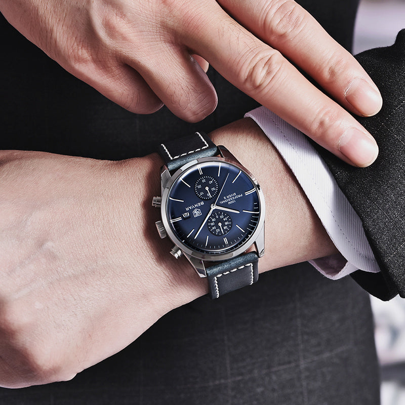 1pc New BENYAR Men's PU Leather Quartz Wristwatch, Men's 100M Multifunctional Watch Military Sports Chronograph Watch For Men