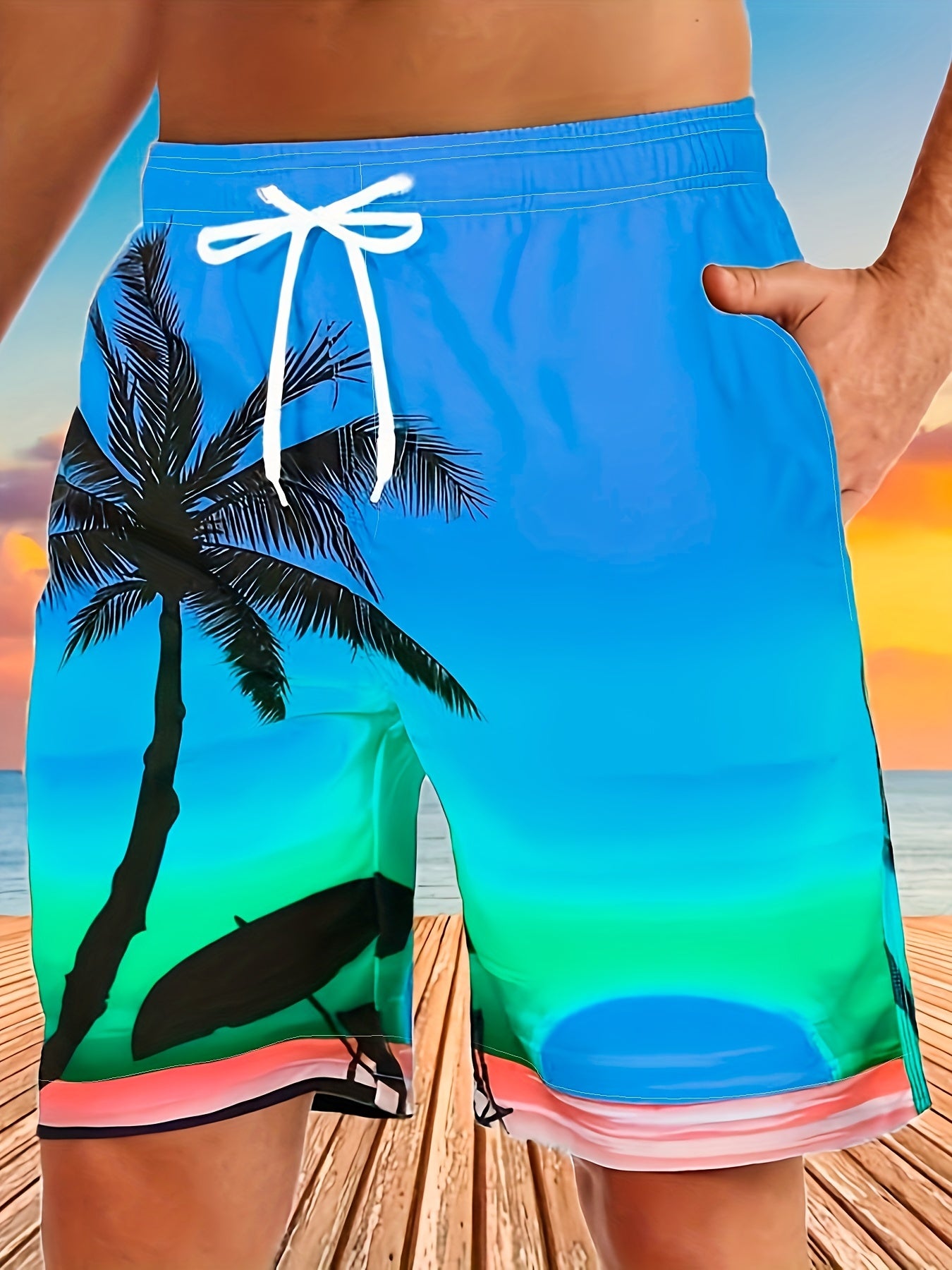 Quick Drying Comfortable Breathable Gradient Palm Tree At Dawn Seaside Drawstring Swim Trunks, Men's Board Shorts Swimwear For Summer Vacation Resort Beach Pool