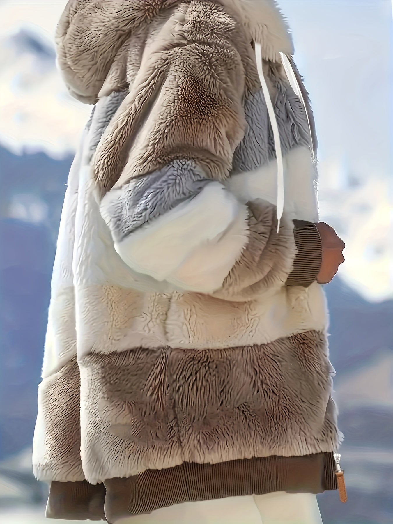 Women's Plush Faux Fur Hooded Jacket - Loose Fit Color Block Coat with Blue/Beige/White/Black Design, Long Sleeve Winter Warmth, Machine Washable for Casual & Formal Outfits, Ladies Winter Coats, Autumn Layering Piece, Formal