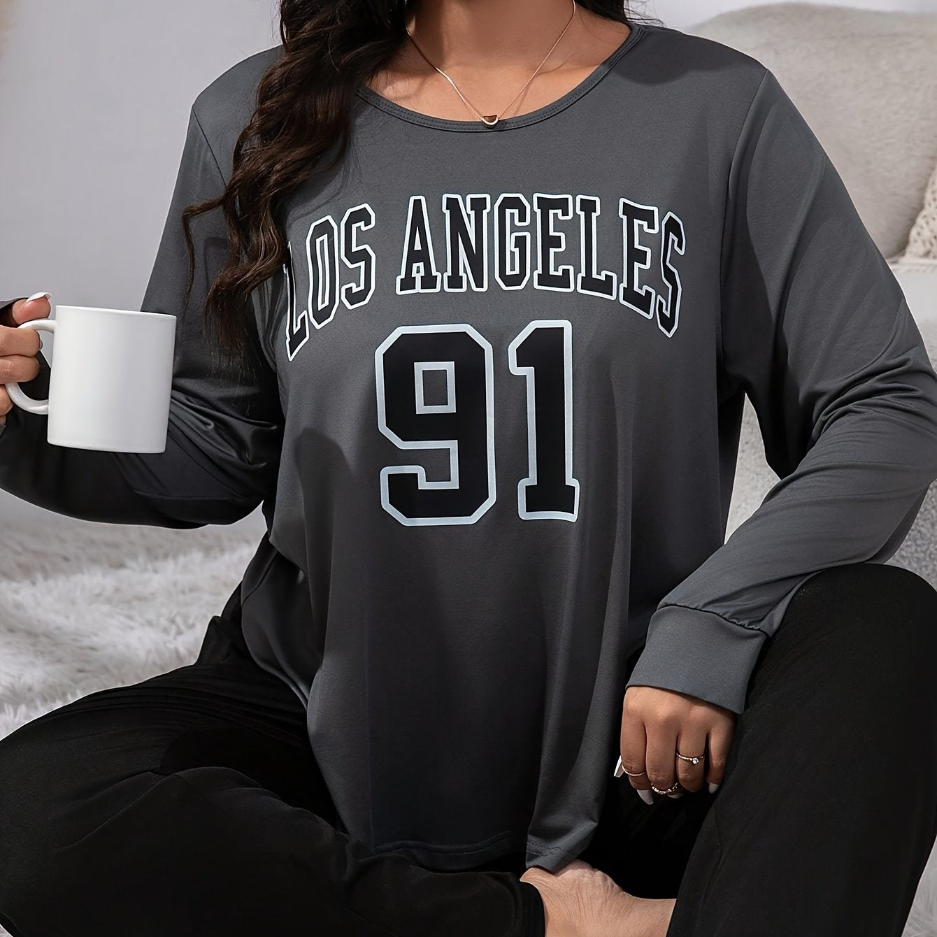Women'S Plus Size Los Angeles 91 Graphic Pajama Set - Gray & Black Long Sleeve Crew Neck Top with Matching Pants, Stretchy & Comfy Loungewear, Pajama Sets for Adults