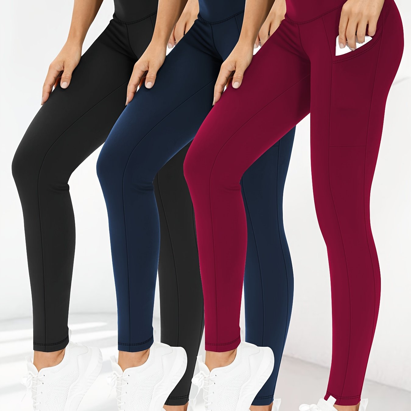 3pcs Set Women's High-Waisted Tummy Control Yoga Leggings - Full-Length Opaque Workout Pants with Pockets, 4-Way Stretch Soft Athletic Gym Pants for Running, Fitness, Yoga & Casual Attire - All-Season Tight Bodycon Leggings (