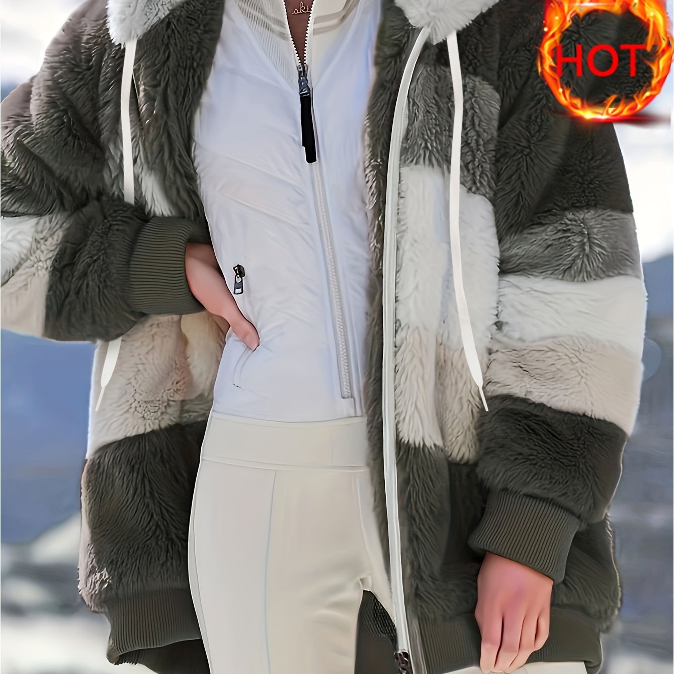 Women's Plush Faux Fur Hooded Jacket - Loose Fit Color Block Coat with Blue/Beige/White/Black Design, Long Sleeve Winter Warmth, Machine Washable for Casual & Formal Outfits, Ladies Winter Coats, Autumn Layering Piece, Formal