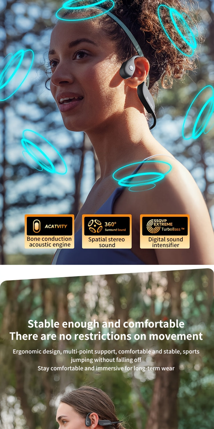 PHILIPS wireless open-ear non-in-ear headphones, sports running fitness cycling headsets, wireless ultra-long battery life hanging ear bone sensing TAA3609 AI call noise reduction, spatial stereo sound effect high-quality hea