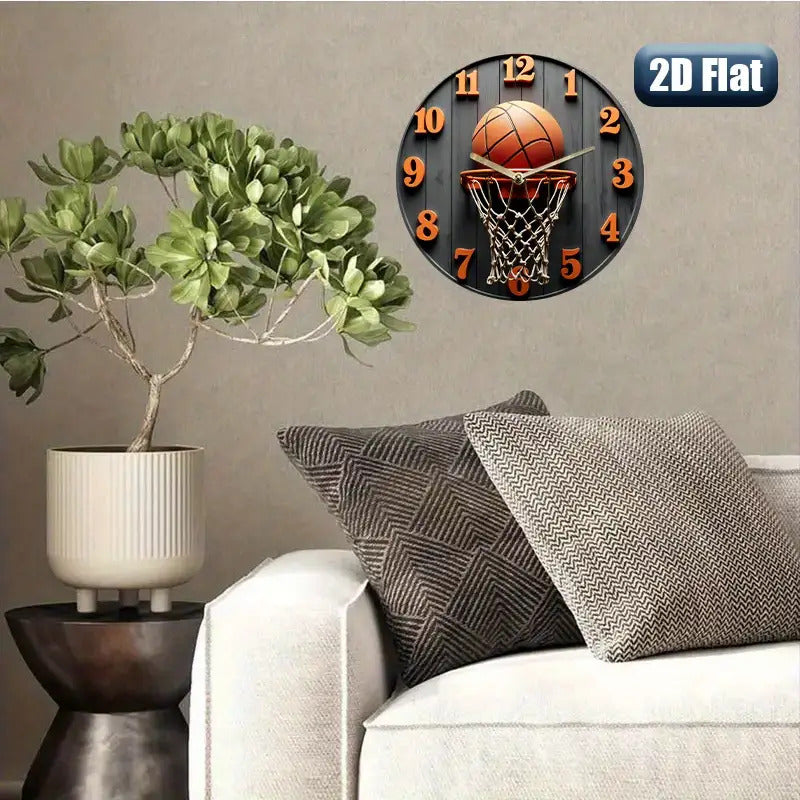 A Basketball-Themed Wall Clock Featuring a Net Design, with a Black Background And Orange Numbers. It Measures 24.89 cm And Is Powered by AA Batteries (Not Included), Making It a Great Decorative Piece for Home, Office, Or Gy