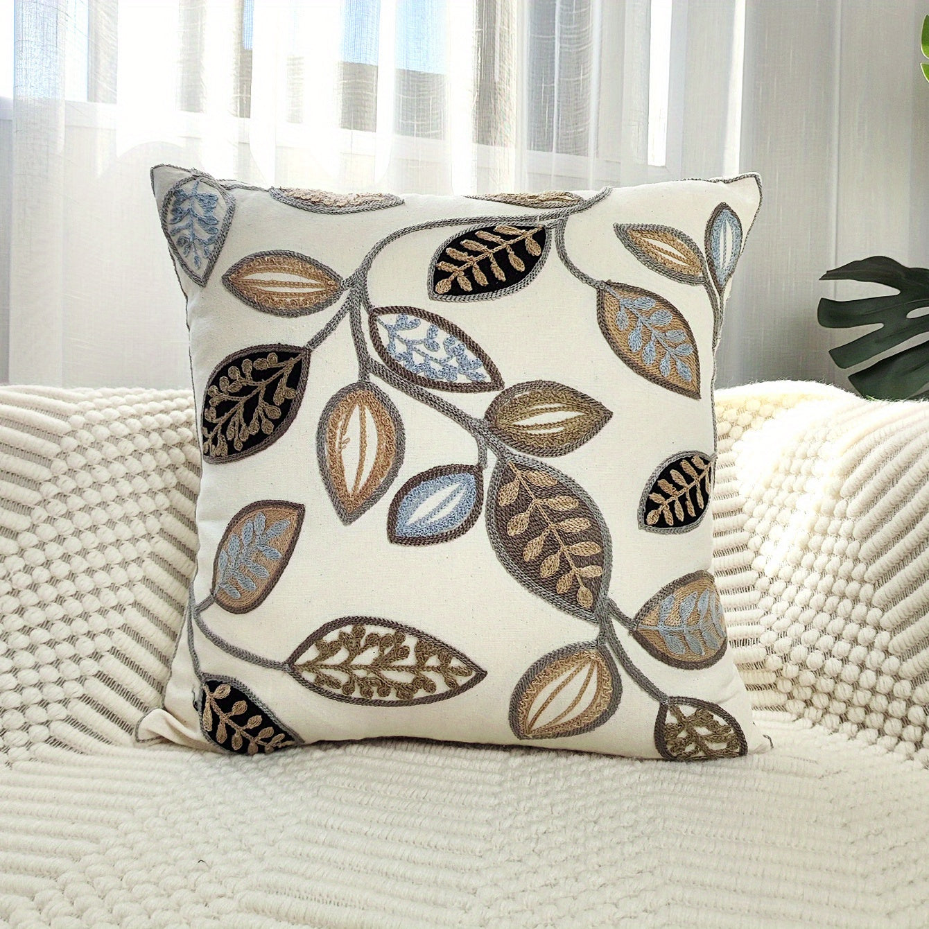 1pc Leaf Embroidered Decorative Throw Pillow Case, Canvas Cushion Cover For Living Room, Home Decor