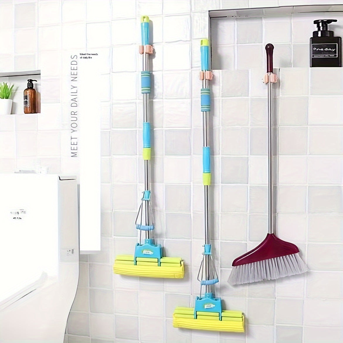 3pcs Mop Broom Holder Hook, Wall-mounted Broom Clip, Self-adhesive Mop Broom Rack, Detachable Waterproof And Non-slip Practical Hook, Suitable Storage And Organizer For Home, Bathroom, Kitchen, Garden And Garage
