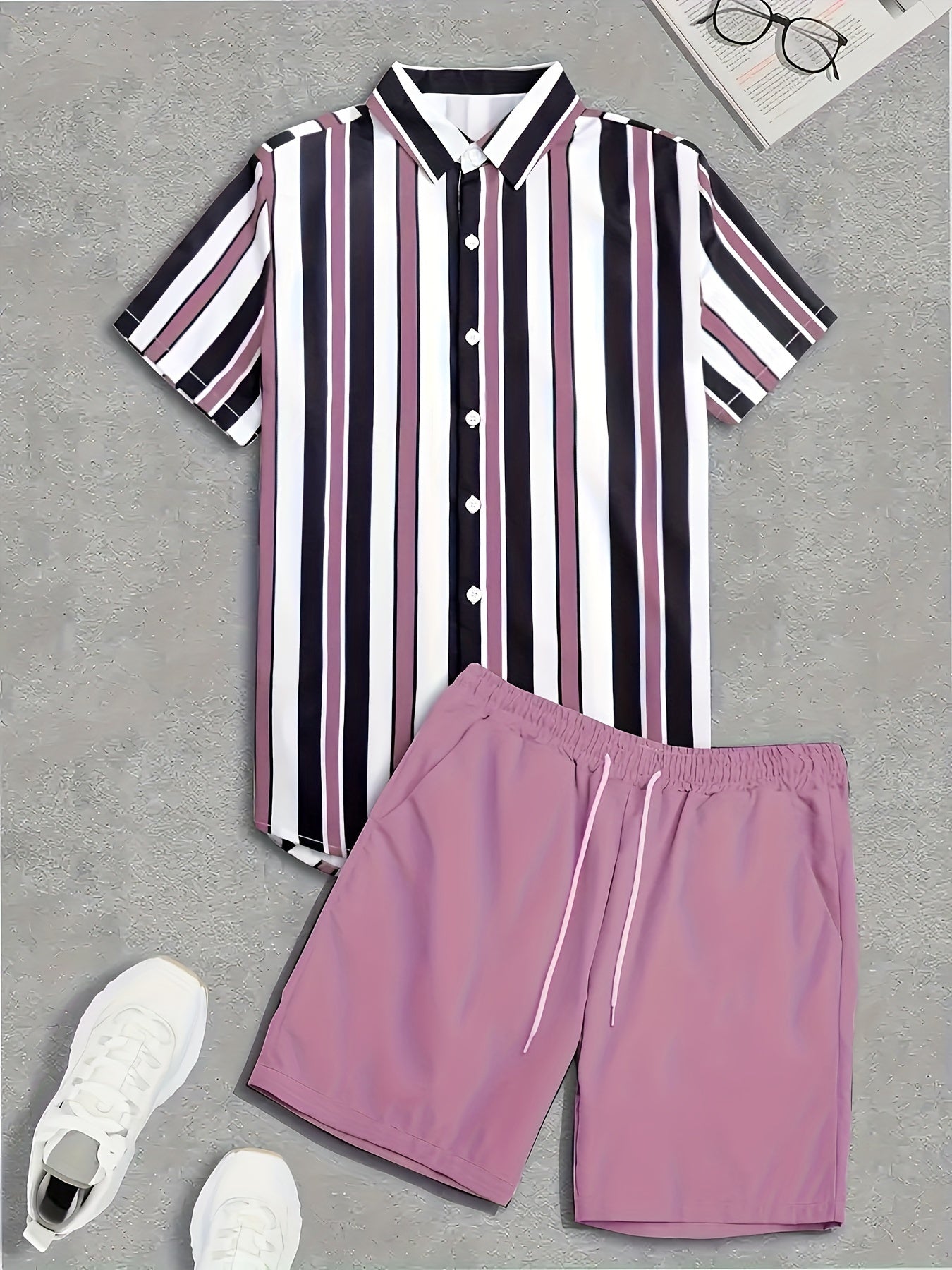 2pcs Men's Stripe Pattern Color Block Short Sleeve Button Shirt & Loose Shorts, Men's Casual Outfit For Summer Vacation
