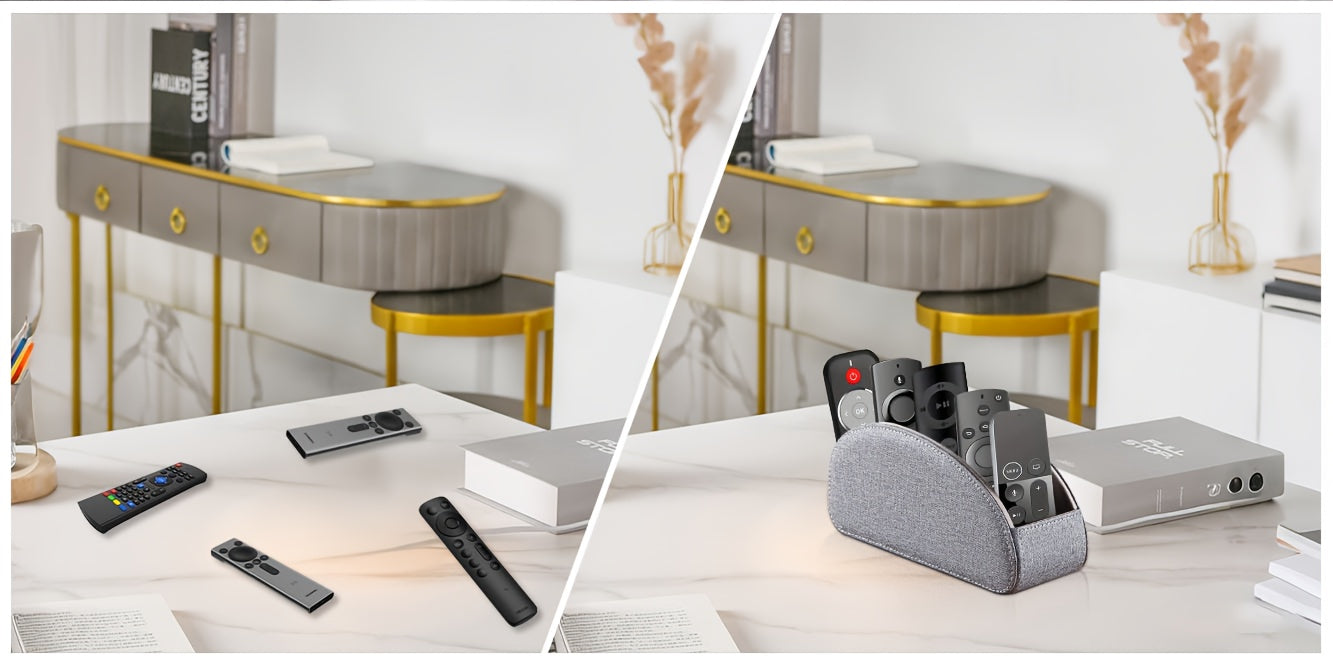 Remote Control Holder with 5 Compartments, PU Leather Multifunctional Desktop Storage Box/Remote Caddy/Pen Holder/Multi-Scene Practical Desk Organizer Shelf for Appliance Controllers, Stationery, Eyeglasses, Brushes, Office S