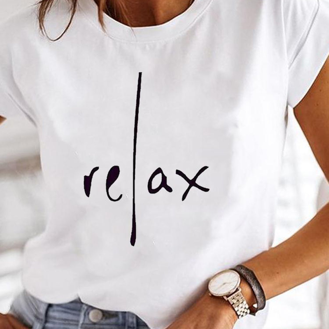 Relax Print Crew Neck T-Shirt, Casual Short Sleeve Top For Spring & Summer, Women's Clothing