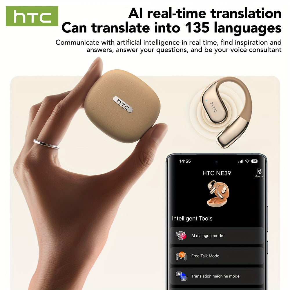 1pc HTC NE39 AI Translator Headset with Real-Time Translation in 131+ Languages, Wireless 6.0, Long-Lasting Battery, Touch Control, Gaming Mode, Compatible with PC/Phone/Tablet - Lightweight AI Translation Earbuds for Travel,