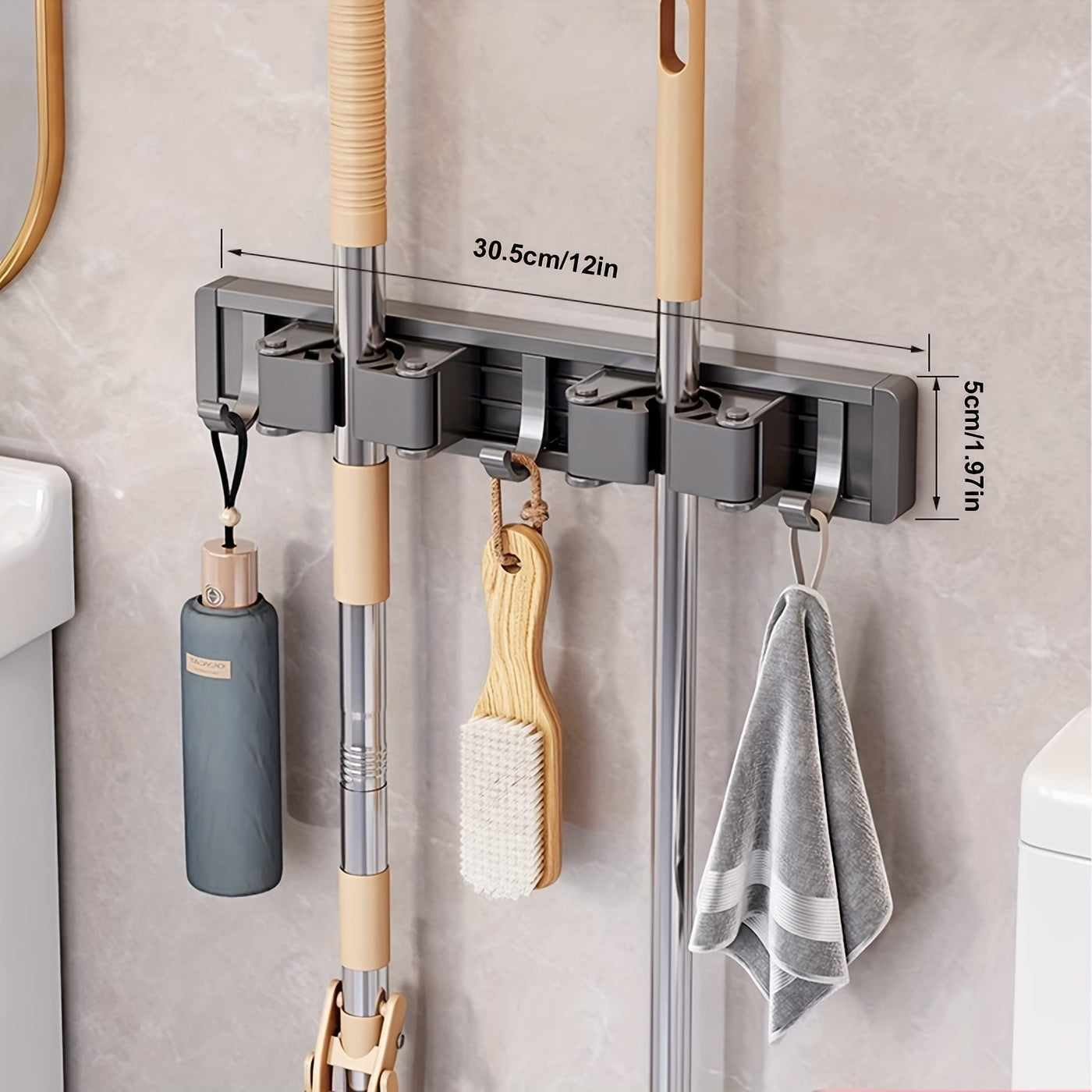 Bathroom Storage Rack Metal Mop & Broom Holder with Adjustable Hooks, Wall-Mounted Storage Organizer for Home, Kitchen, Garden, Laundry, Garage - Lacquered, Space-Saving Shelf for Mops, Brooms, Tools, Shelves