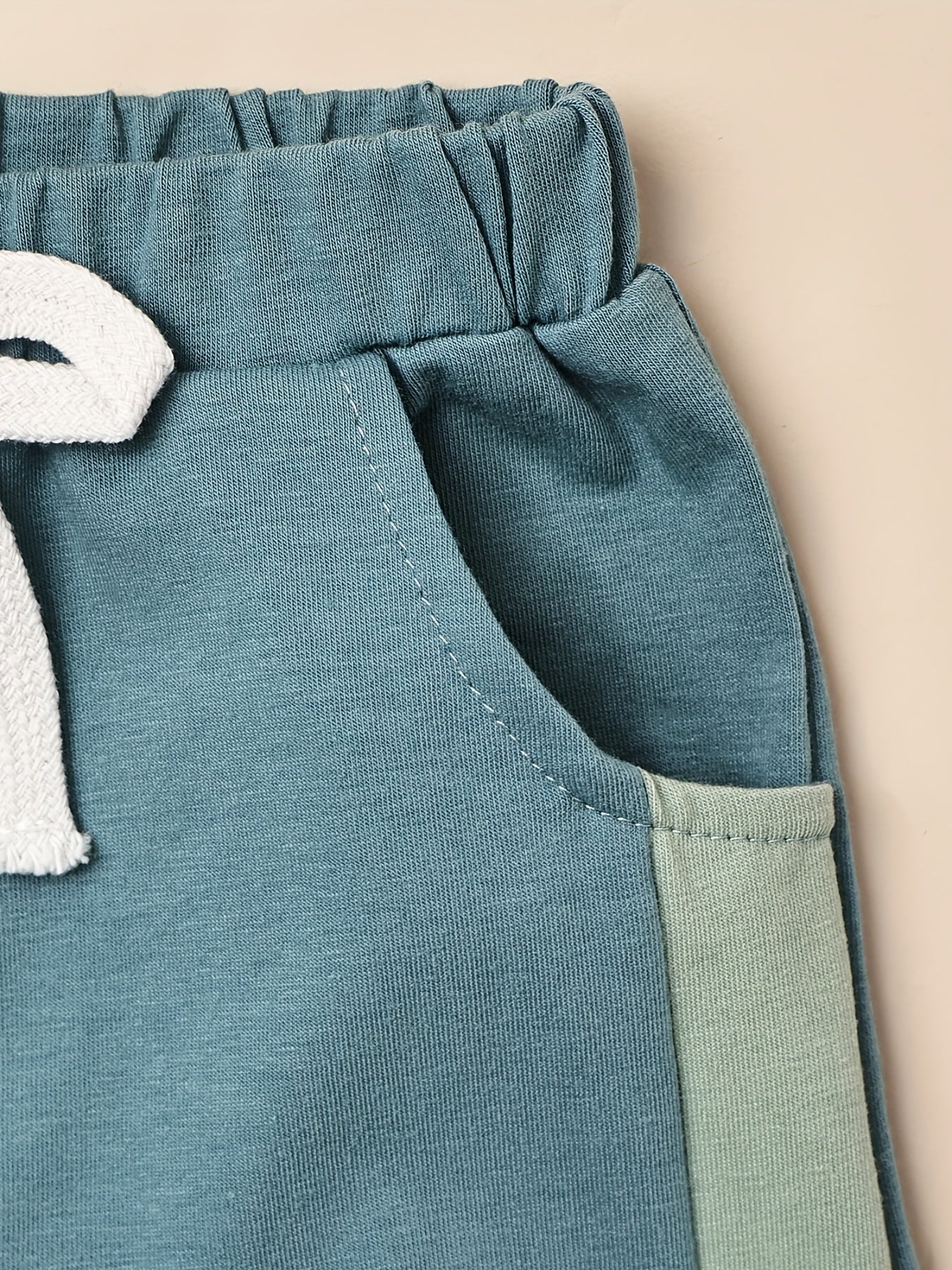 2pcs Baby Boys Summer Outfit Set - Cotton & Polyester Crew Neck T-Shirt with Stripes & Patch Detail, Short Sleeve, Drop Shoulder, Knit Fabric, with Matching Shorts with Belt & Fake Drawstring - Regular Fit, for Outdoor