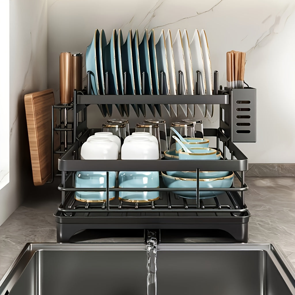 2-Tier Black Iron Kitchen Dish Rack - Large Capacity Organizer with Drainboard, Utensil Holder & Cup Hooks, Foldable Space-Saving Design for Plates, Bowls, Pots, Cutlery - Durable Powder-Coated Finish, Dish Drying Rack for Ki