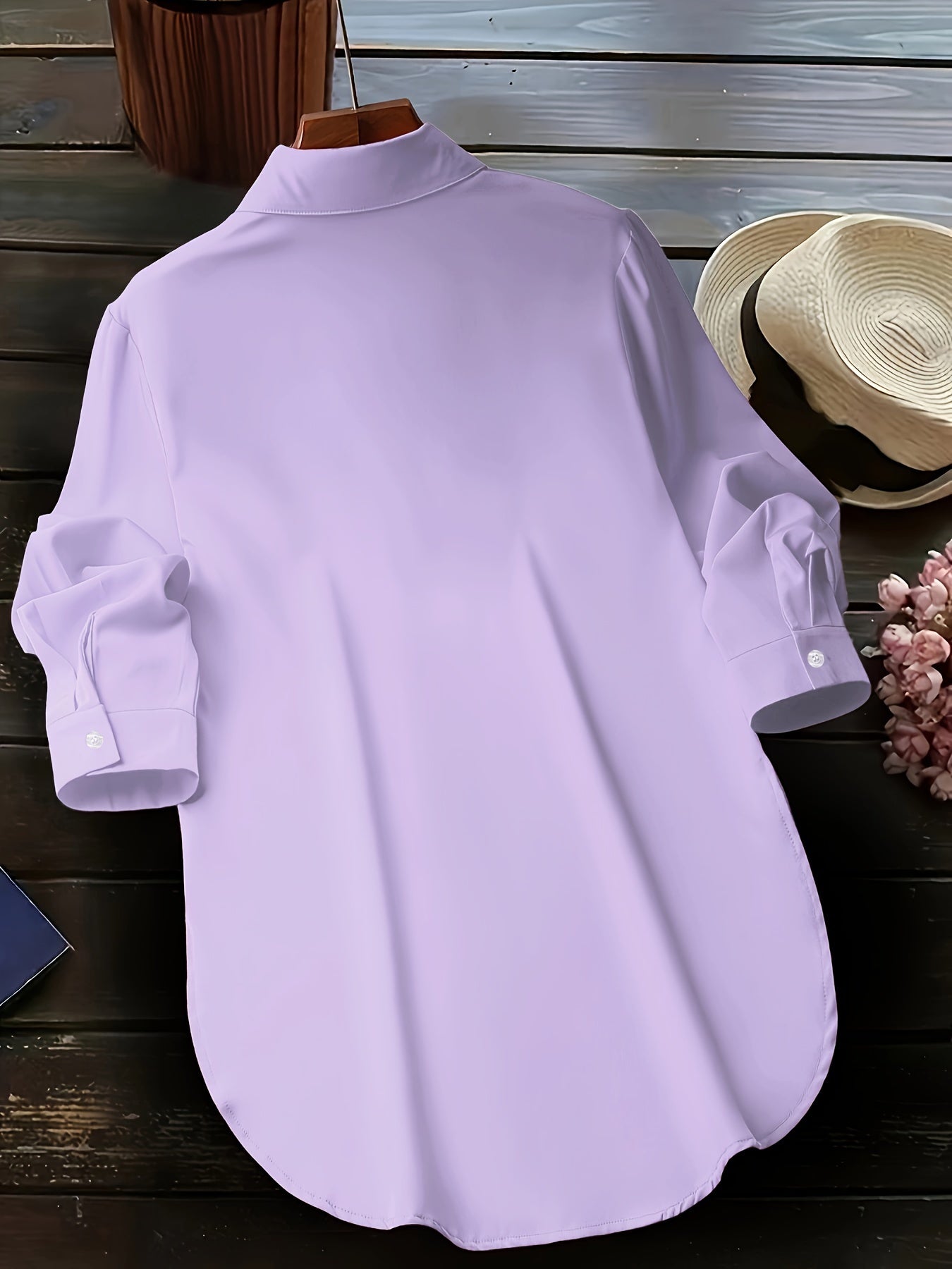 Plus Size Curved Hem Blouse, Casual Button Front Collared Blouse For Spring, Women's Plus Size Clothing