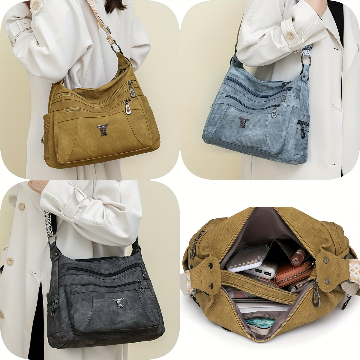 Taole Women's Vintage Bohemian PU Shoulder Bag - Adjustable Strap & Zipper Closure, Retro 1950s Handbag in Khaki/Ginger/Gray/Blue/Black, Casual & Dressy Outfits, Durable & Oil-Tanned Edges